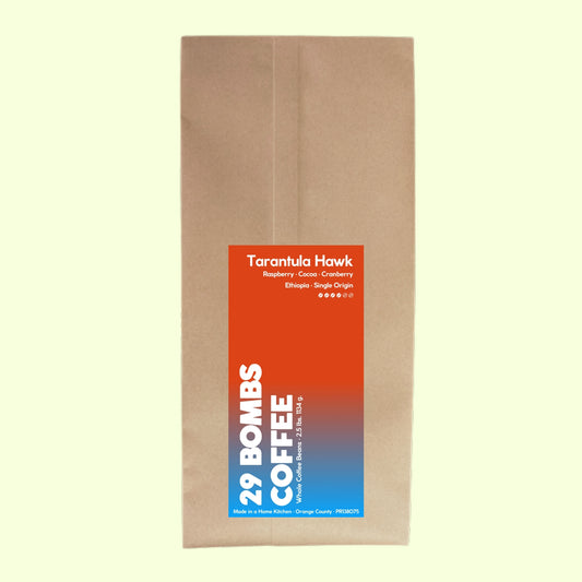 Tarantula Hawk natural Ethiopia Yirgacheffe coffee beans by 29 Bombs Coffee in the 2.5 lb bag.