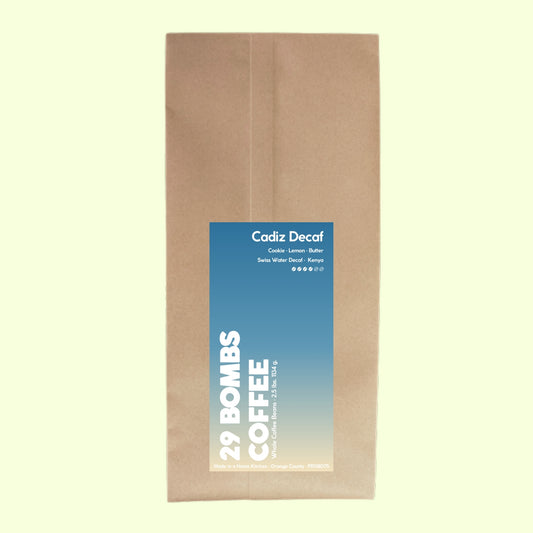 Cadiz Decaf Swiss Water Process coffee beans by 29 Bombs Coffee in the 2.5 lb bag.
