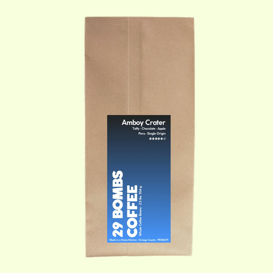Amboy Crater dark roast Peru coffee beans by 29 Bombs Coffee in the 2.5 lb bag.