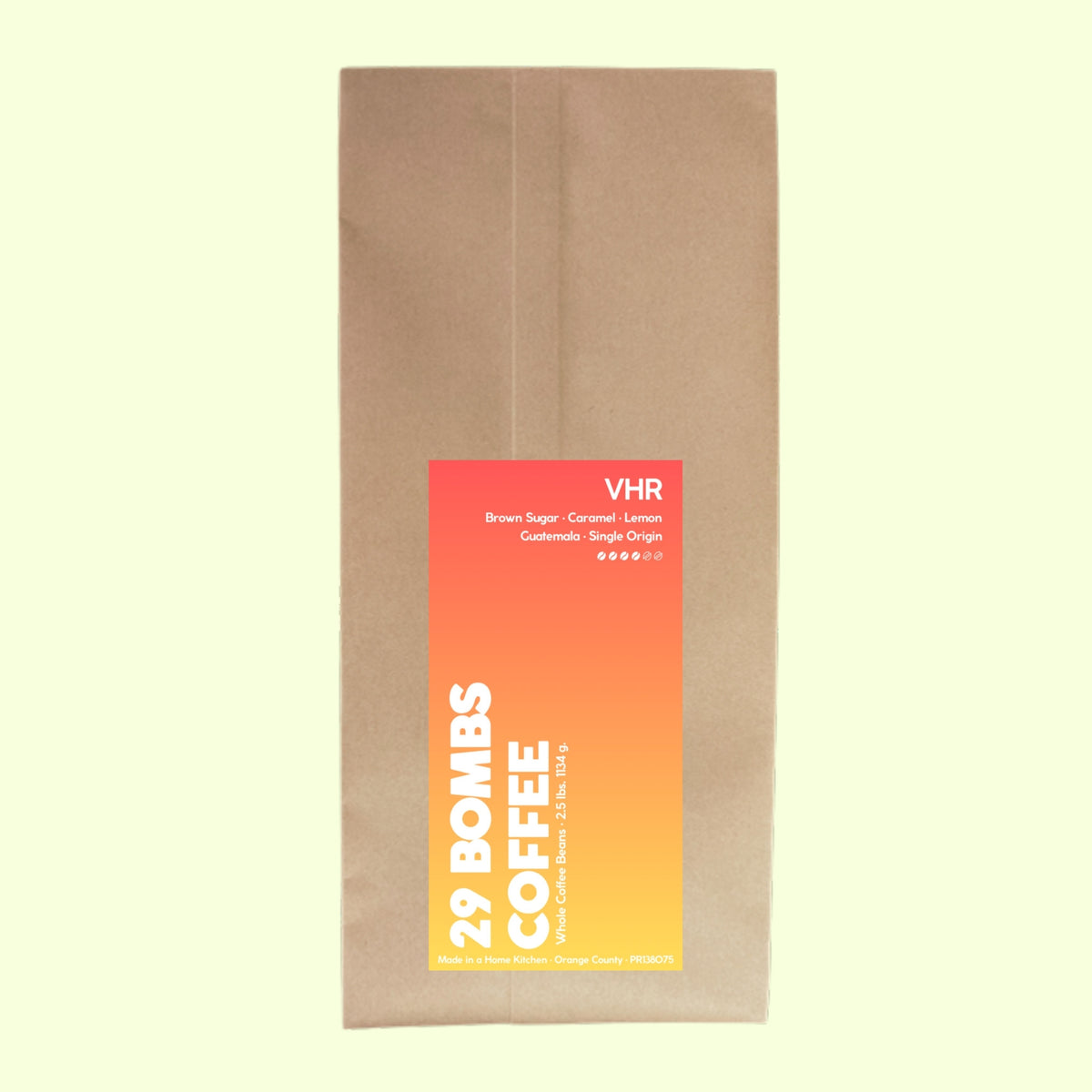 VHR medium roast Guatemala coffee beans by 29 Bombs Coffee in the 2.5 lb bag.