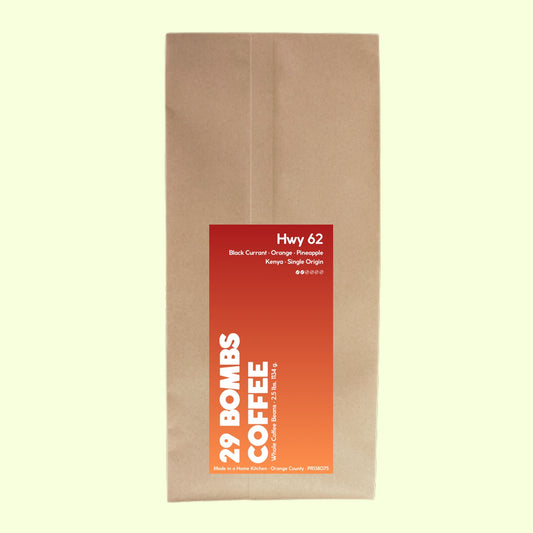Hwy 62 light roast Kenya coffee beans by 29 Bombs Coffee in the 2.5 lb bag.