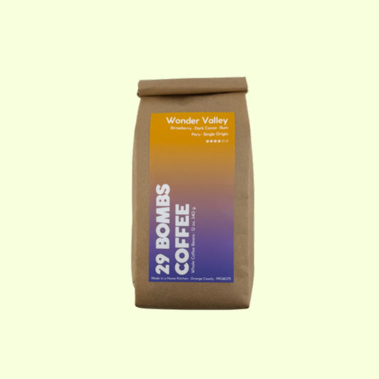Wonder Valley natural process Peru coffee beans by 29 Bombs Coffee in the 12 oz bag.