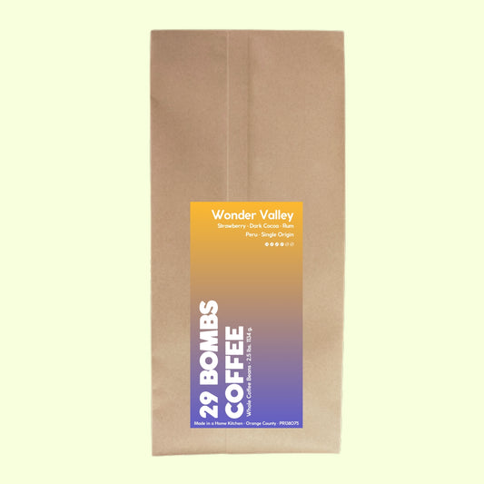 Wonder Valley natural process Peru coffee beans by 29 Bombs Coffee in the 2.5 lb bag.