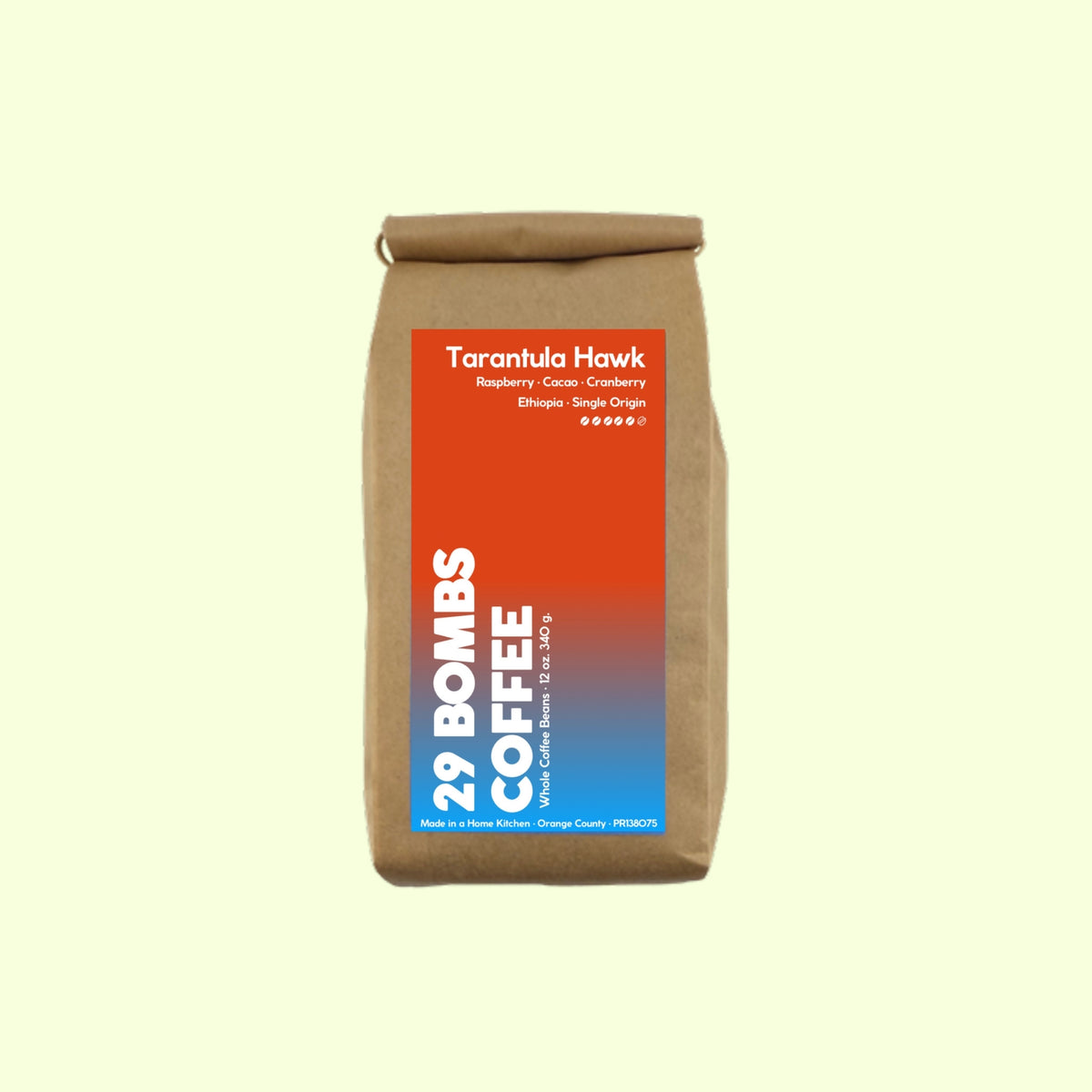 Tarantula Hawk natural Ethiopia Yirgacheffe coffee beans by 29 Bombs Coffee in the 12 oz bag.