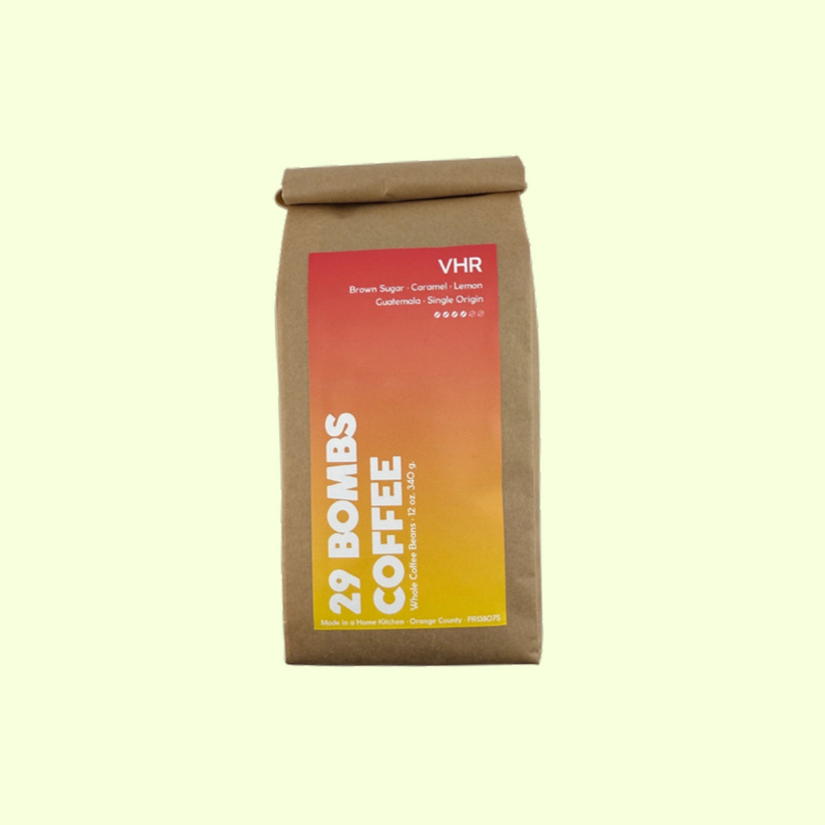 VHR medium roast Guatemala coffee beans by 29 Bombs Coffee in the 12 oz bag.