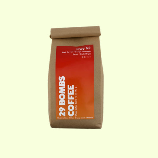 Hwy 62 light roast Kenya coffee beans by 29 Bombs Coffee in the 12 oz bag.